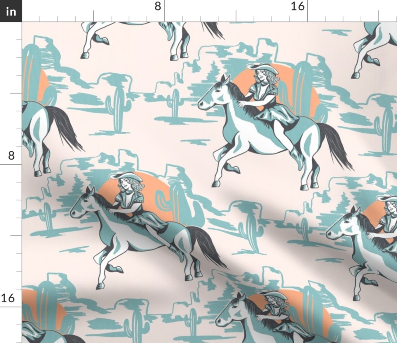 Western Retro Horse Cowgirl Pinup Southwestern Cactus Desert Rustic Custom Printed Fabric by Spoonflower Various Fabrics by the Yard or Fat Quarter